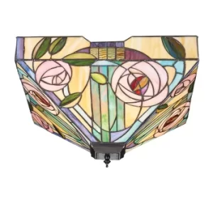 Willow 2 Light Large Ceiling Flush Light Dark Bronze, Tiffany Style Glass, E27