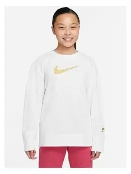 Nike Older Girls Nsw French Terry Boyfriend Fit Crew Neck Top - White/Grey, Size L=12-13 Years, Women