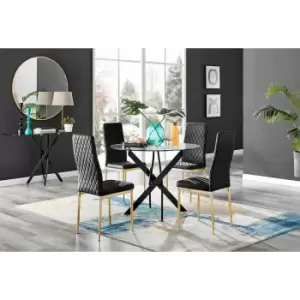 Furniture Box Novara Black Leg Round Glass Dining Table and 4 Black Velvet Milan Gold Leg Chairs