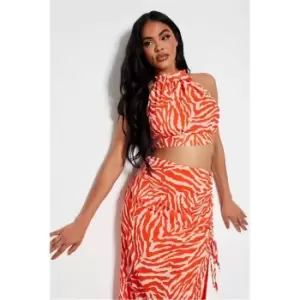 I Saw It First Orange Chiffon Zebra Print Open Back Halterneck Crop Top - Orange