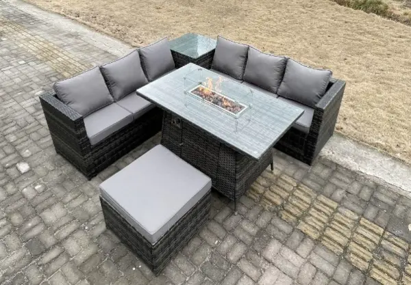 Fimous 6 Seater Outdoor Dark Grey Rattan Lounge Complete Sofa Set with Gas Fire Pit Table Heater and Big Footstool