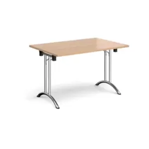 Rectangular folding leg table with chrome legs and curved foot rails 1200mm x 800mm - beech