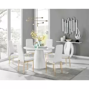 Furniture Box Palma White High Gloss Round Dining Table and 6 White Milan Gold Leg Chairs