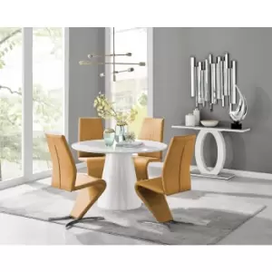 Furniturebox Palma White High Gloss 4 Seat Minimalist Post Modern Round Dining Table & 4 Mustard Willow Faux Leather Chairs