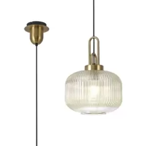 Luminosa 1 Light Pendant E27 With 30cm Pumpkin Shaped Ribbed Glass, Champagne Brass Gold, Matt Black