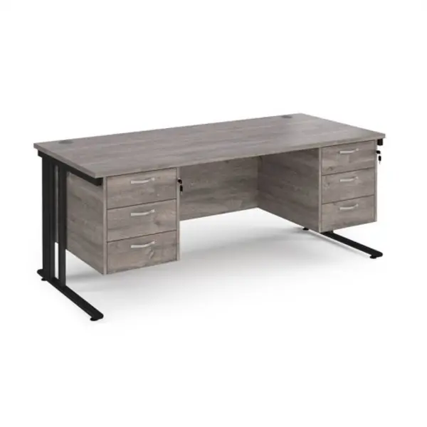 Maestro 25 straight desk 1800mm x 800mm with two x 3 drawer pedestals - Black cable managed leg frame, grey oak top