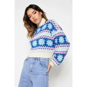 I Saw It First Snowflake Fairisle High Neck Jumper - Blue