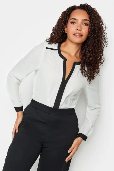 Trim Detail Collarless Blouse