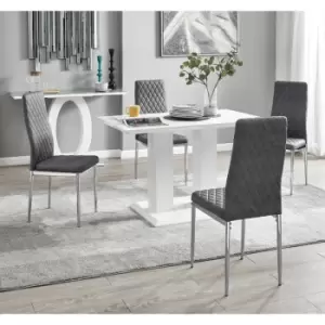 Furniturebox Imperia 4 High Gloss White Modern Dining Table and 4 Grey Milan Faux Leather Dining Chairs With Silver Legs Diamond Stitch Modern