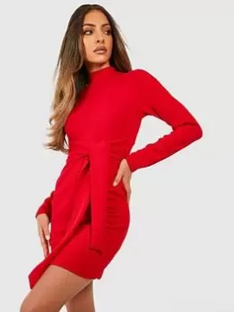 Boohoo High Neck Belted Mini Dress - Red, Size 12, Women