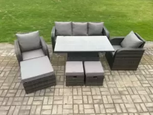 Fimous 5 Seater Outdoor Dark Grey Rattan Lounge Sofa Complete Set with Rising Table, Lounge Sofa, and 3 Footstools