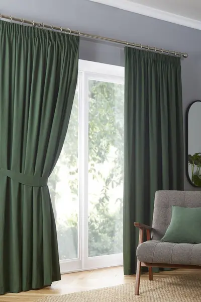 Fusion 'Dijon' Thermal and Blackout Fully Lined Pencil Pleat Curtains Bottle Green