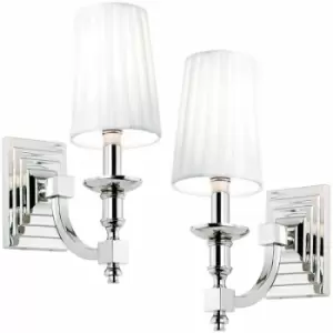 2 PACK Modern Dimmable Wall Light Nickel & White Pleated Shade Bedside Lamp Kit