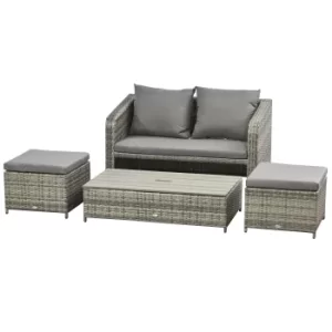 Outsunny 4 Piece Outdoor Wicker Conversation Patio Set All Weather PE Rattan Sofa Furniture with Double Sofa, 2 Ottomans and Lift Top Coffee Table