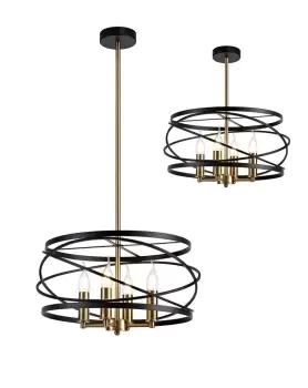 Cylindrical Ceiling Pendant, 4 x E14, Black, Satin Gold