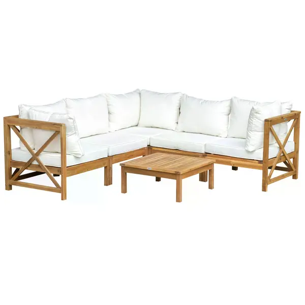 Outsunny 6pcs Patio Furniture Set Garden Sofa Set 1 Coffee Table Suitable with Cushions for Outdoor Indoor Balcony Poolside Acacia Wood Cream White