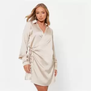 I Saw It First Wrap Tie Side Satin Shirt Dress - Cream