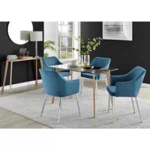 Furniturebox UK - Furniturebox Malmo Rectangular Glass and Wooden Leg Modern Industrial Dining Table & 4 Blue Calla Silver Leg Velvet Chairs