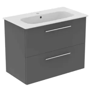 Ideal Standard I.life A 80Cm Matt Quartz Grey Wall Hung Vanity Unit, 84Cm White Vanity Basin And Chrome Handle Pack