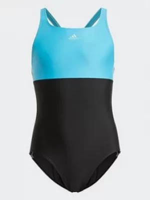 adidas Colorblock 3-stripes Swimsuit, Black/Turquoise/White, Size 7-8 Years, Women