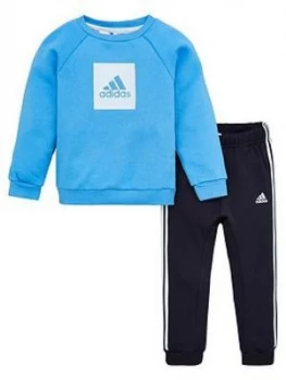 Boys, adidas Infant 2 Piece 3 Stripe Logo Sweatshirt and Jogger Set - Blue, Size 0-3 Months