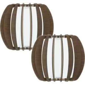 2 PACK Wall Light Rounded Colour White Shade Brown White Wood Glass E27 1x60W