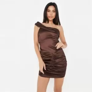 Missguided Bardot Exposed Seam Mini Dress Satin - Brown