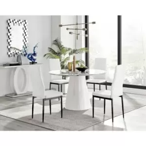 Furniturebox Palma White Marble Effect 120cm Round Minimalist Dining Table & 4 White Milan Black Leg Faux Leather Chairs