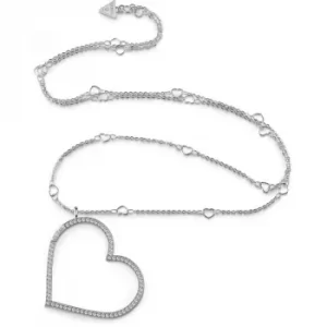 GUESS rhodium plated 31" long necklace with Swarovski crystal pave heart frame charm.