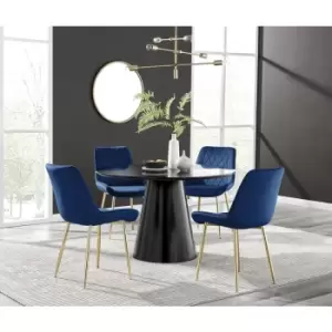 Furniturebox Palma Black Semi Gloss 120cm Round Minimalist Dining Table & 4 Navy Pesaro Gold Leg Chairs