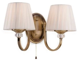 2 Light Indoor Wall Light (Switched) Antique Brass, Pleated Cream Shades, E14