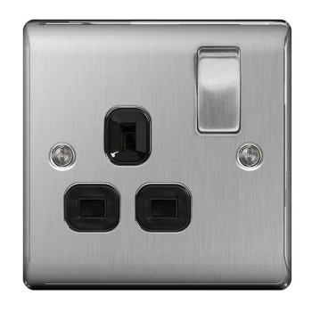 BG Nexus Metal Brushed Steel Double 1 Gang Plug Socket Black Insert 13A - NBS21B