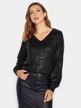 Long Tall Sally Black Sequin V Neck Top, Black, Size 18, Women