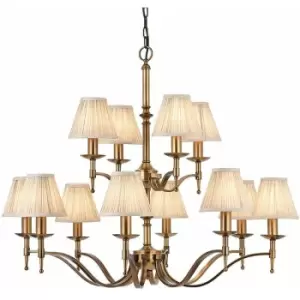 Avery Ceiling Pendant Chandelier Light 12 Lamp Antique Brass & Beige Pleat Shade