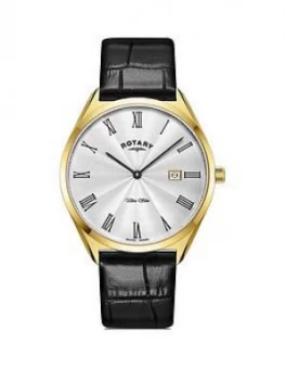 Rotary Rotary Ultra Slim Silver And Gold Detail Date Dial Black Leather Strap Mens Watch