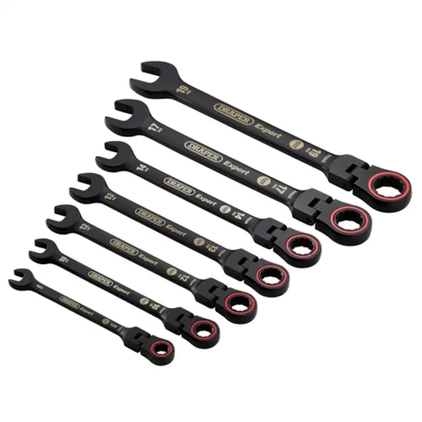 Draper Expert HI-TORQ Metric Flexible Head Ratchet Combination Spanner Set, Black (7 Piece)