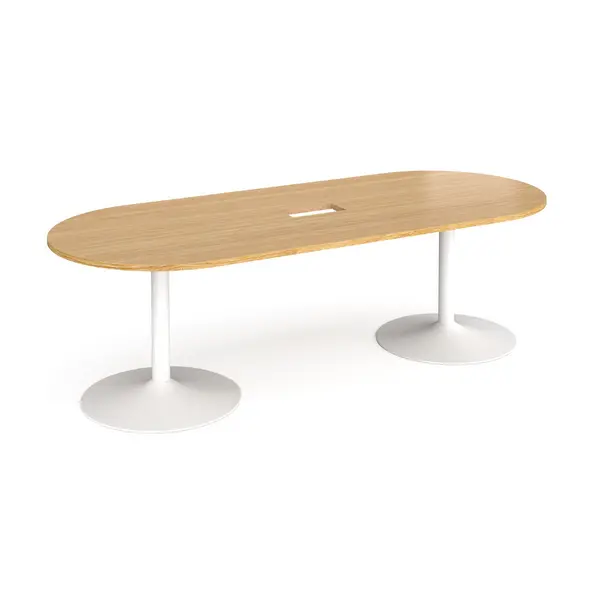 Trumpet Base Radial Boardroom Table with White Base 2400mm - Central Cut Out - Oak