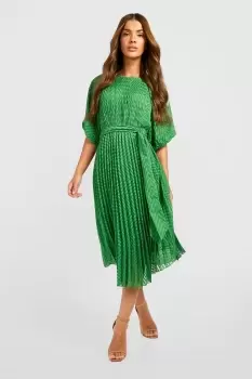 Dobby Pleated Puff Sleeve Midi Dress