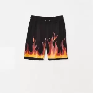 Mennace Flame Graphic Print Mid Length Shorts - Black