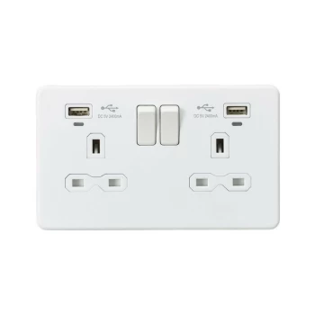 13A 2G Switched Socket, Dual USB (2.4A) with LED Charge Indicators - Matt White - Knightsbridge