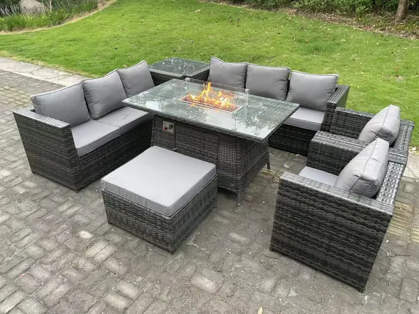 Fimous 8 Seater Outdoor Dark Grey Rattan Lounge Complete Sofa Set with Gas Fire Pit Table and Big Footstool