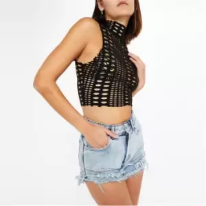 I Saw It First Laser Cut Out High Neck Crop Top - Black