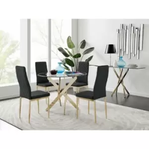 Novara 100cm Gold Round Dining Table and 4 Black Gold Leg Milan Chairs - Black