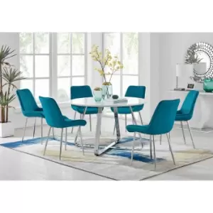 Furniture Box Santorini White Round Dining Table and 6 Blue Pesaro Silver Leg Chairs