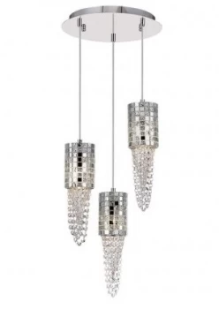 Ceiling Cluster Pendant 3 Light G9 Round Polished Chrome, Mosaic Glass, Crystal