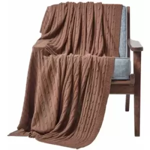 Cotton Cable Knit Throw, Chocolate, 150 x 200cm - Brown - Homescapes