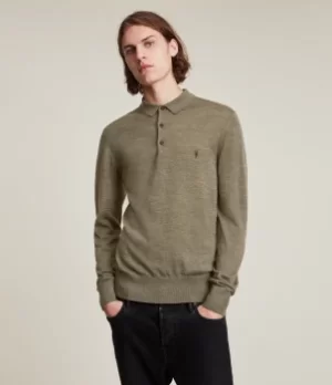 AllSaints Mens Mode Merino Long Sleeve Polo Shirt, Green, Size: XXL