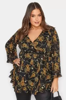 Chain Floral Ruffle Wrap Top