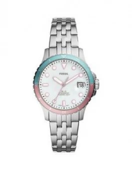 Fossil Silver With Pink And Blue Bezel Date Dial Stainless Steel Bracelet Women Watch