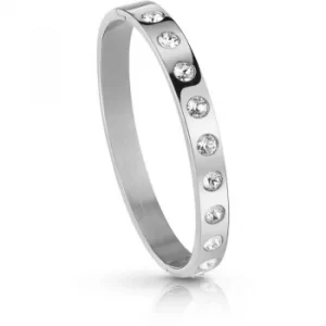 GUESS rhodium plated flat bangle with clear Swarovski crystals.